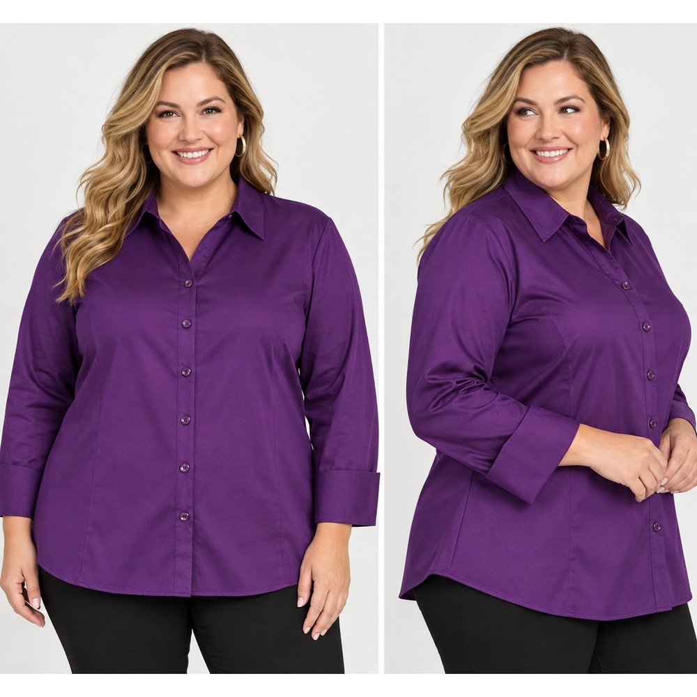Dressbarn Woman Blouse 22/24W 3X Purple Cotton Button Up Shirt NWT 3/4 Sleeve
